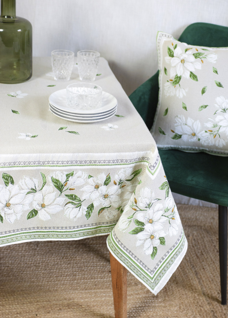 French Jacquard Tablecloth DECO (Magnolia. raw) - Click Image to Close